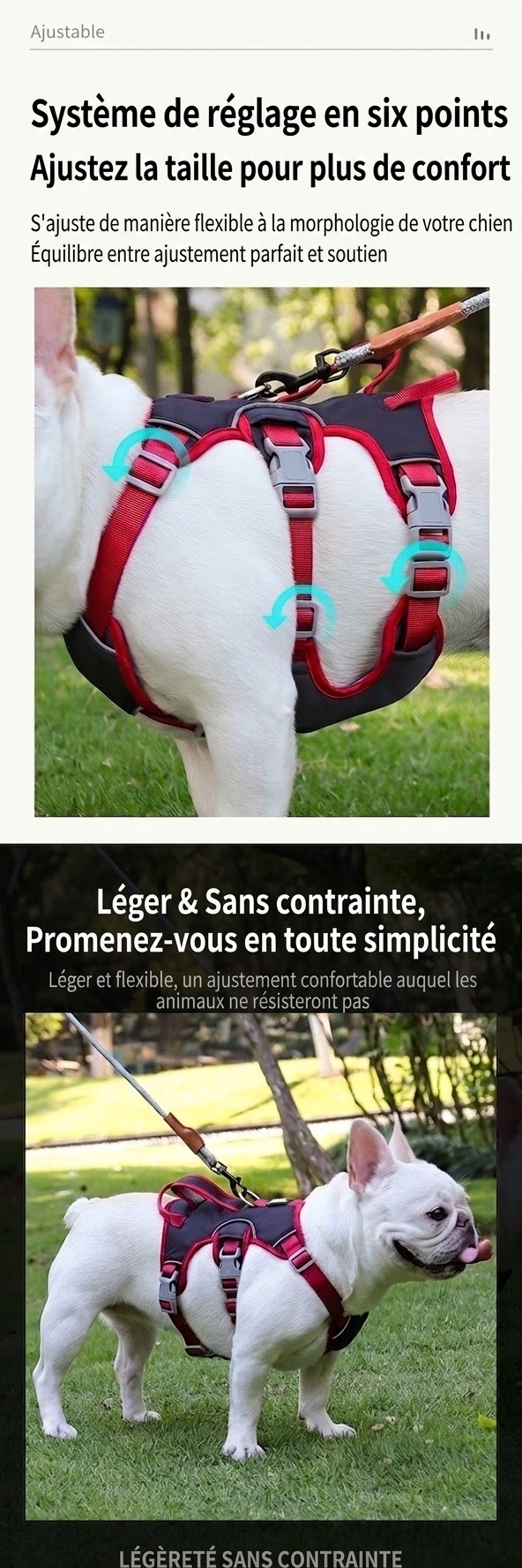 Harnais pour chien réglable anti-traction avec poignée et bordure réfléchissante