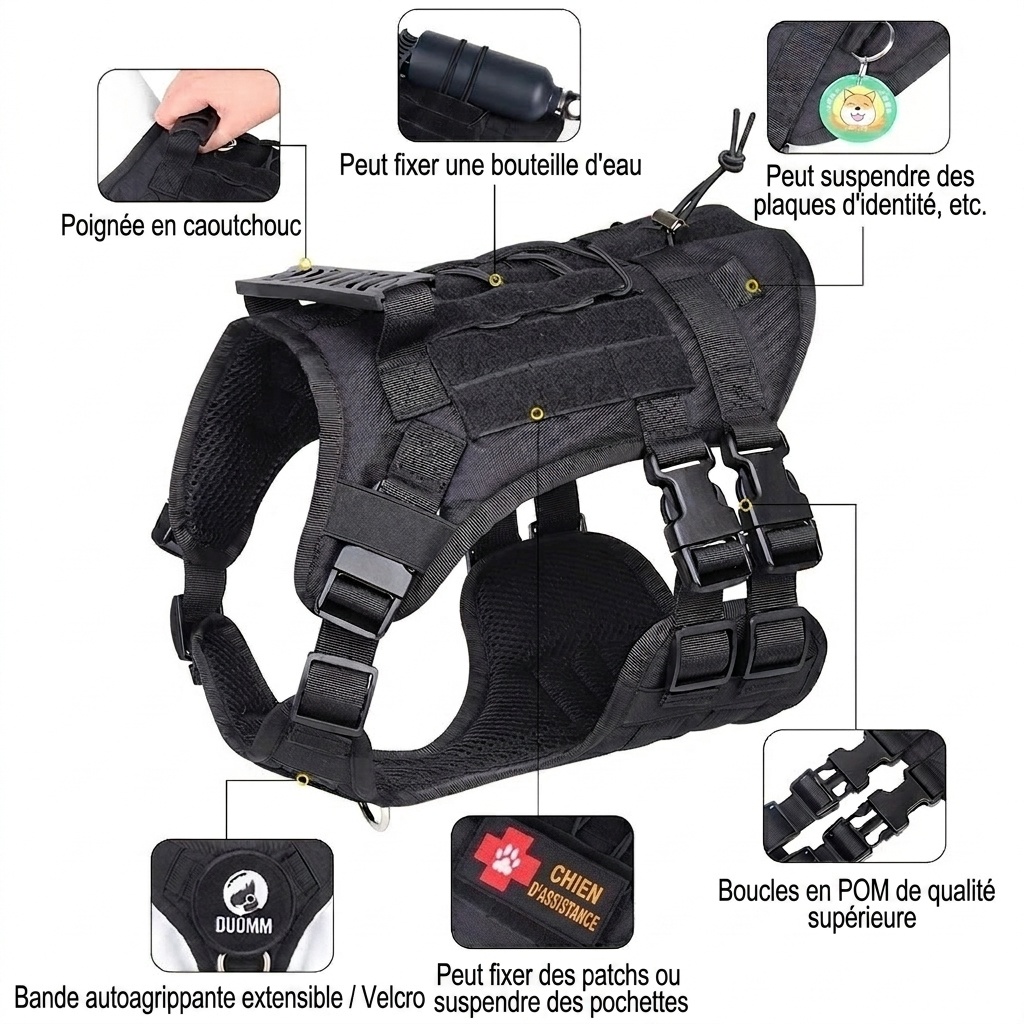 Harnais tactique résistant pour chien - Gilet anti-traction ajustable pour l'entraînement