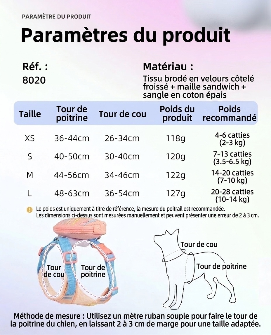 Harnais et laisse réglables pour animaux de compagnie, de couleur pastel, avec mini sac à dos