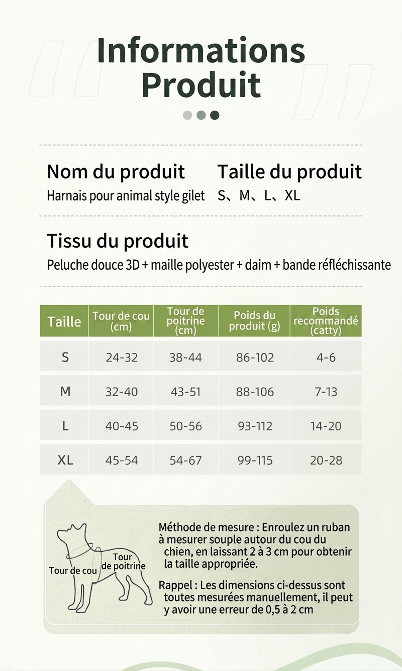 Ensemble harnais et laisse réfléchissants et respirants pour animaux de compagnie - Modèle anti-traction