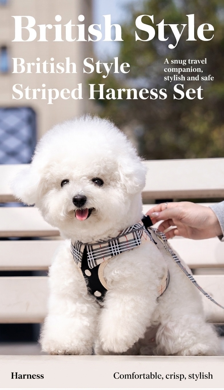 Stylish Plaid Dog Harness Leash & Bag Set - Reflective Pet Vest