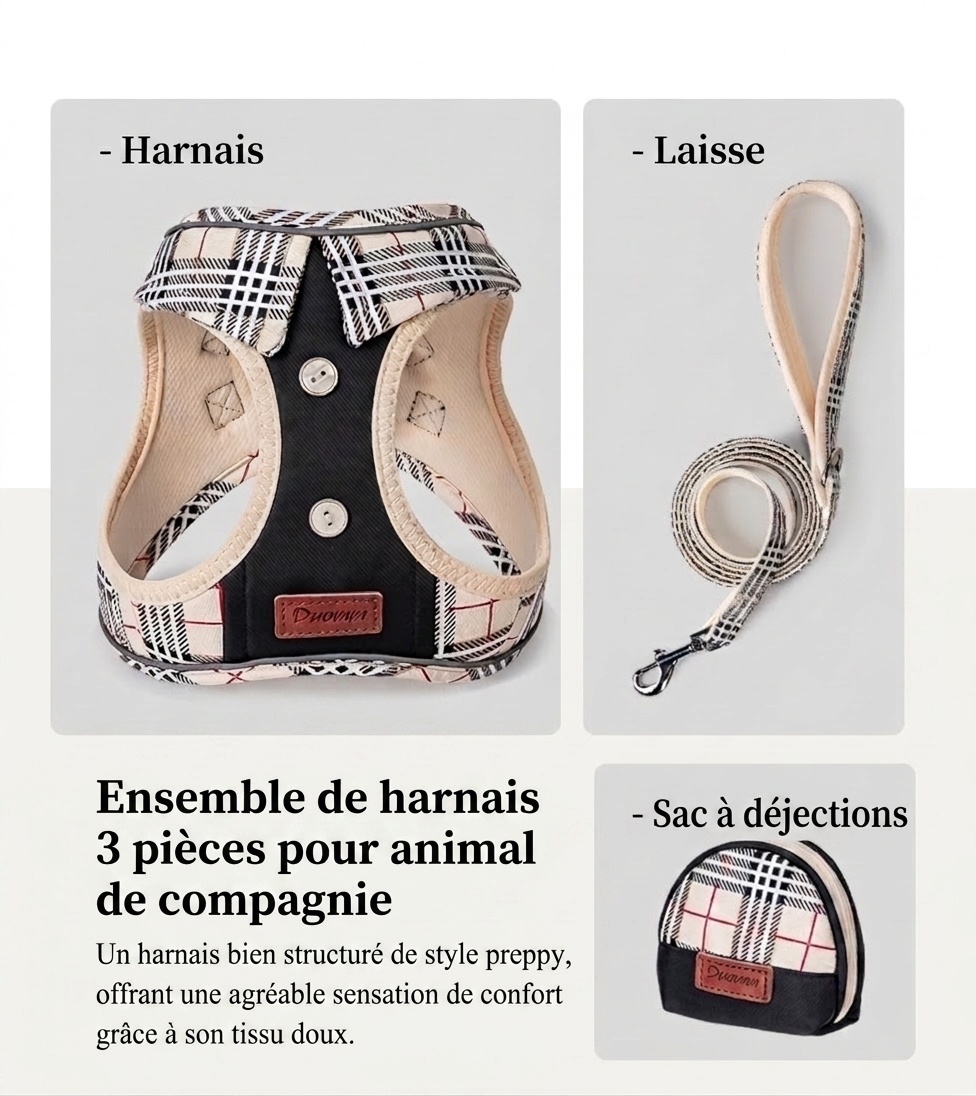 Ensemble harnais, laisse et sac à carreaux élégants pour chien - Gilet réfléchissant pour animaux