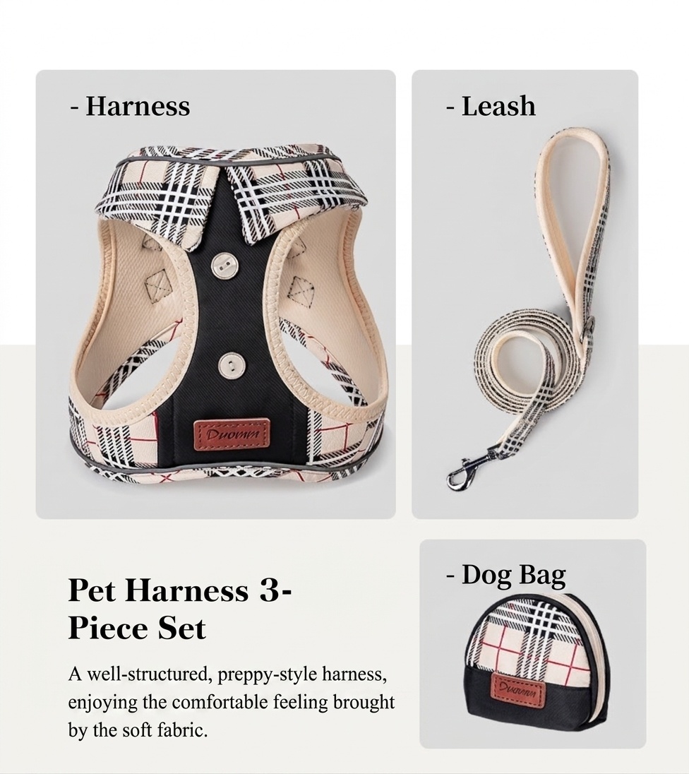 Stylish Plaid Dog Harness Leash & Bag Set - Reflective Pet Vest