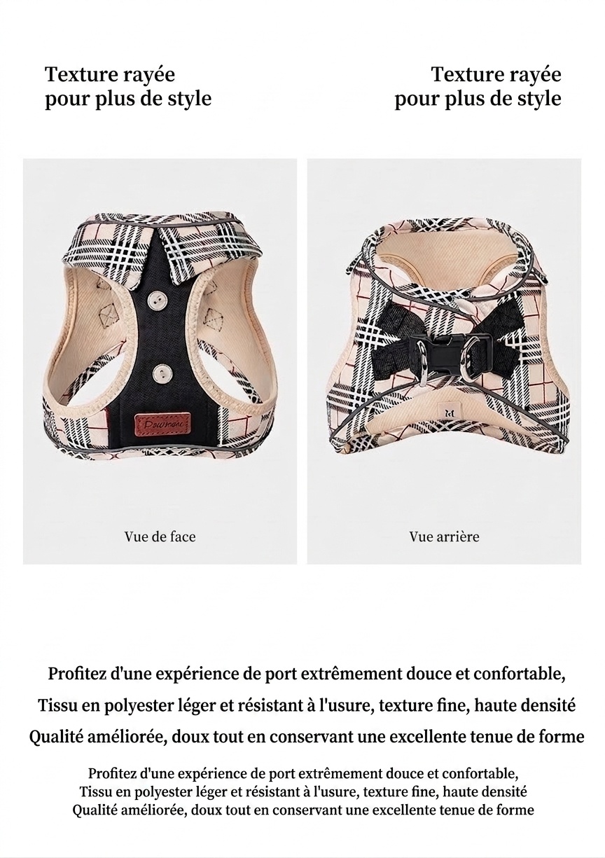 Ensemble harnais, laisse et sac à carreaux élégants pour chien - Gilet réfléchissant pour animaux