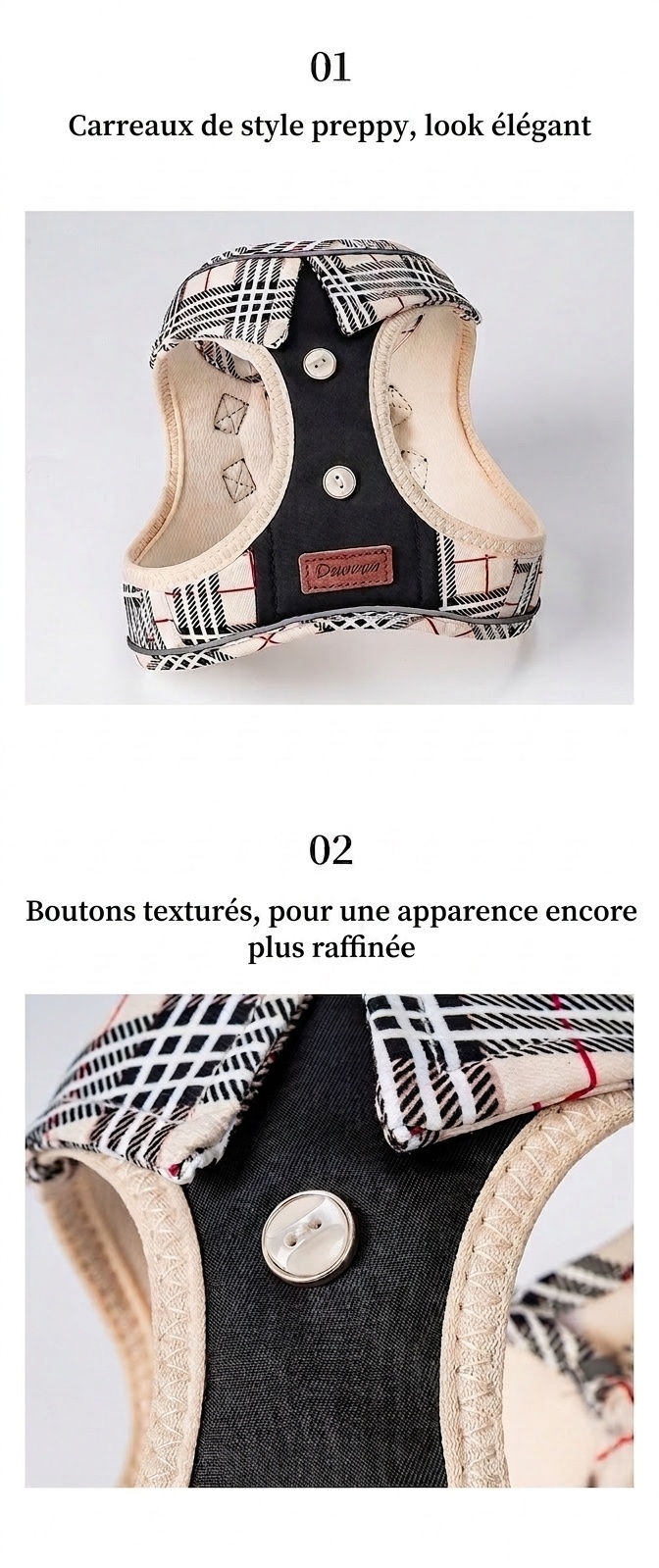 Ensemble harnais, laisse et sac à carreaux élégants pour chien - Gilet réfléchissant pour animaux