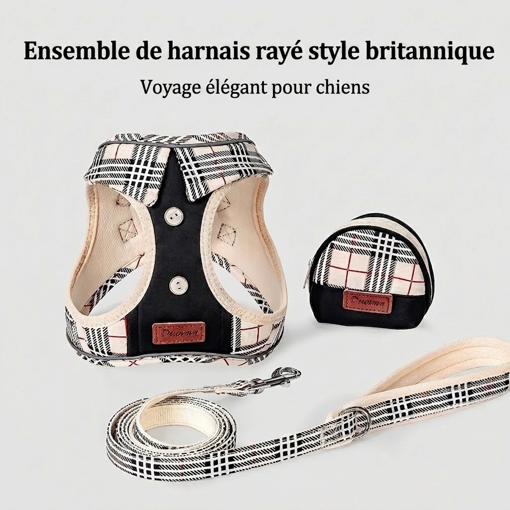 Ensemble harnais, laisse et sac à carreaux élégants pour chien - Gilet réfléchissant pour animaux