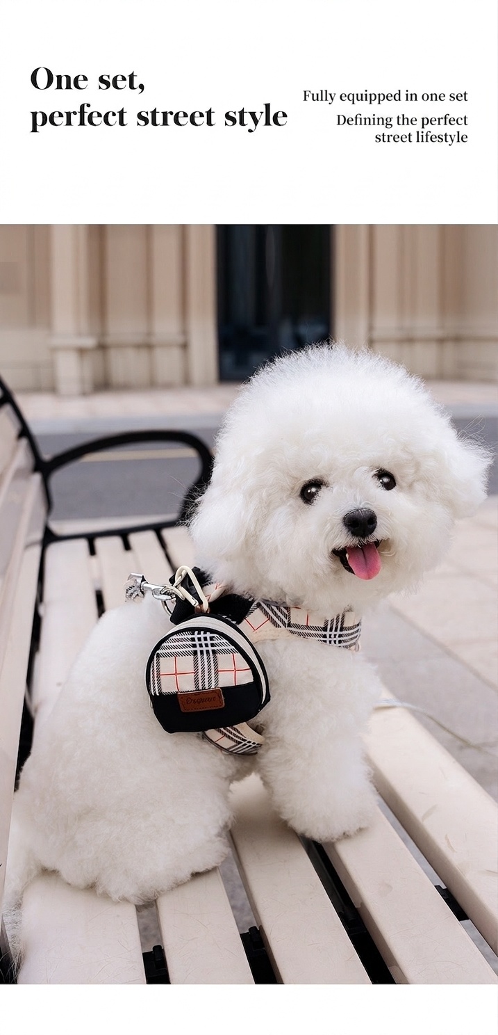 Stylish Plaid Dog Harness Leash & Bag Set - Reflective Pet Vest