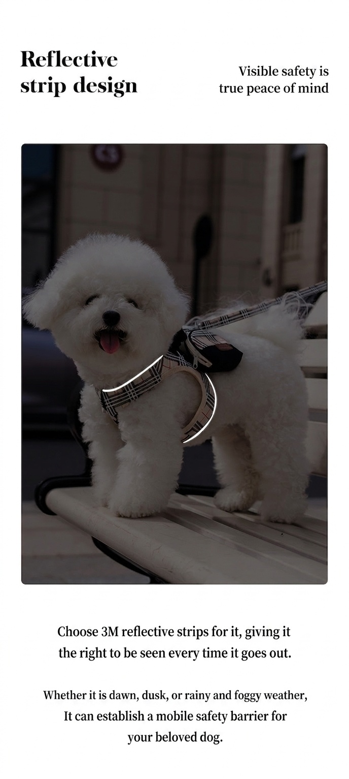 Stylish Plaid Dog Harness Leash & Bag Set - Reflective Pet Vest