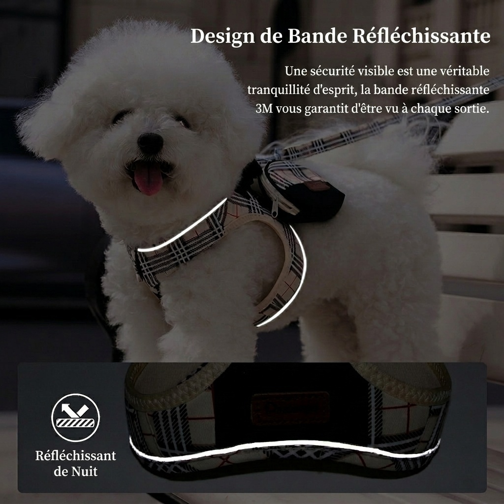 Ensemble harnais, laisse et sac à carreaux élégants pour chien - Gilet réfléchissant pour animaux