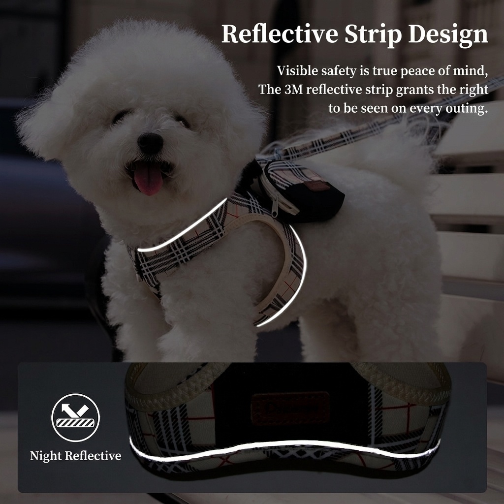 Stylish Plaid Dog Harness Leash & Bag Set - Reflective Pet Vest