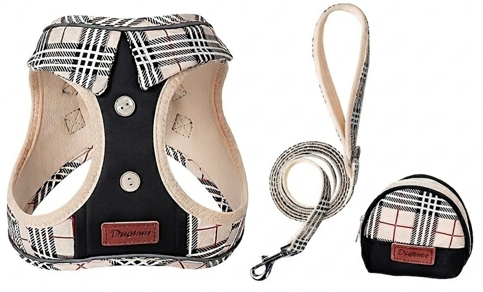 Stylish Plaid Dog Harness Leash & Bag Set - Reflective Pet Vest