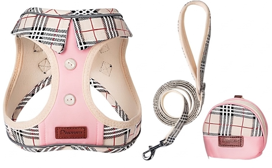 Stylish Plaid Dog Harness Leash & Bag Set - Reflective Pet Vest