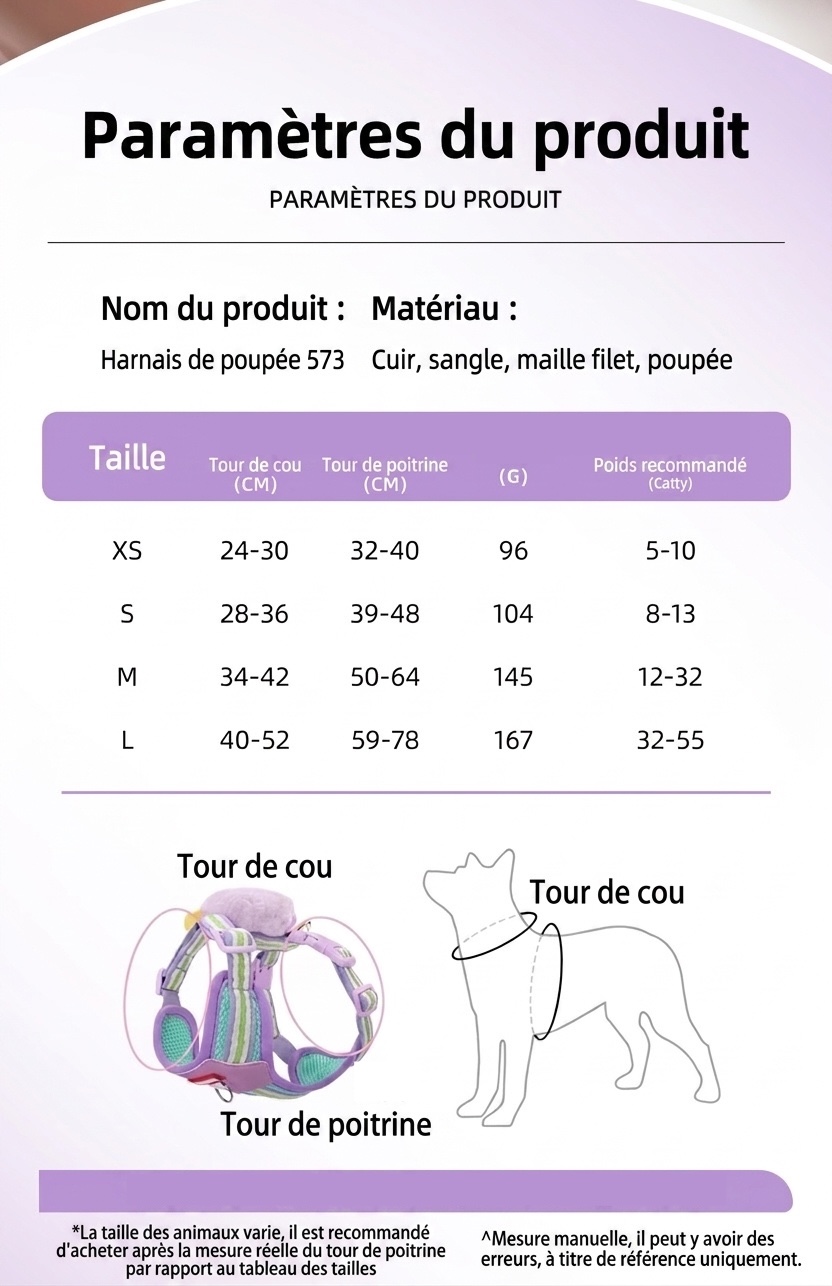 Ensemble harnais et laisse pour animaux de compagnie avec peluche - Maille respirante