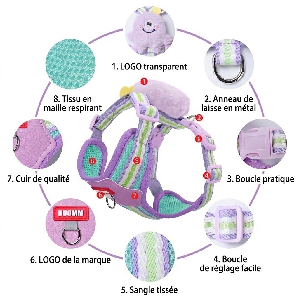 Ensemble harnais et laisse pour animaux de compagnie avec peluche - Maille respirante