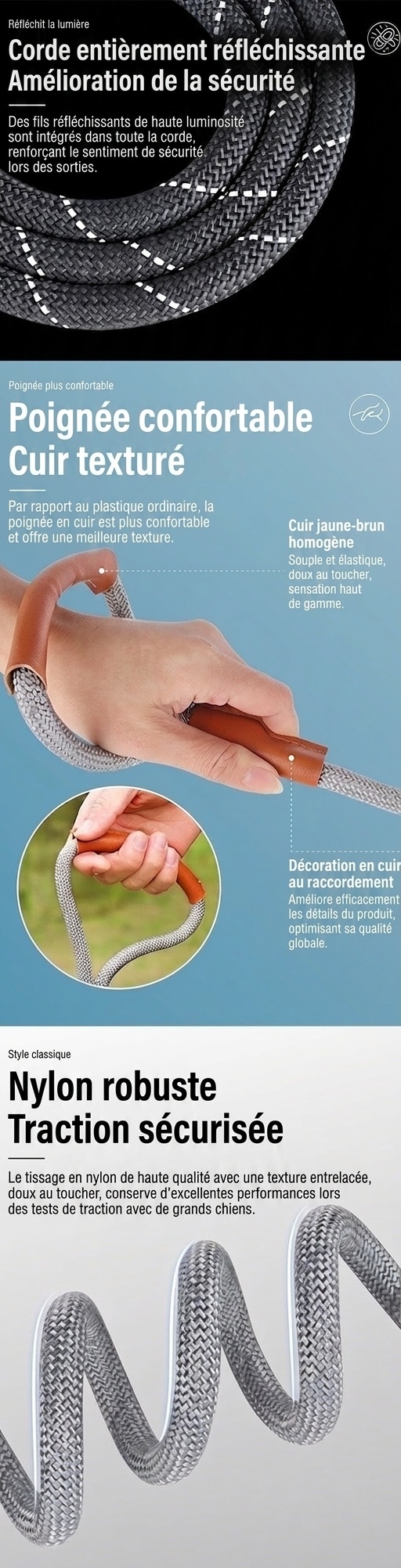 Laisse pour chien résistante et réfléchissante avec poignée en cuir confortable