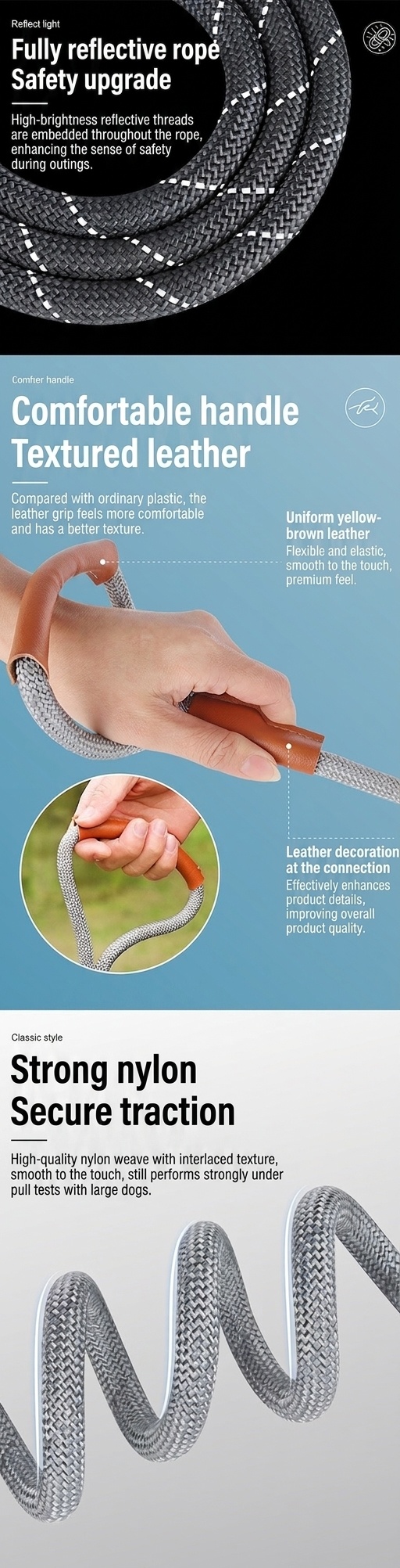 Durable Reflective Dog Leash with Comfortable Leather Handle