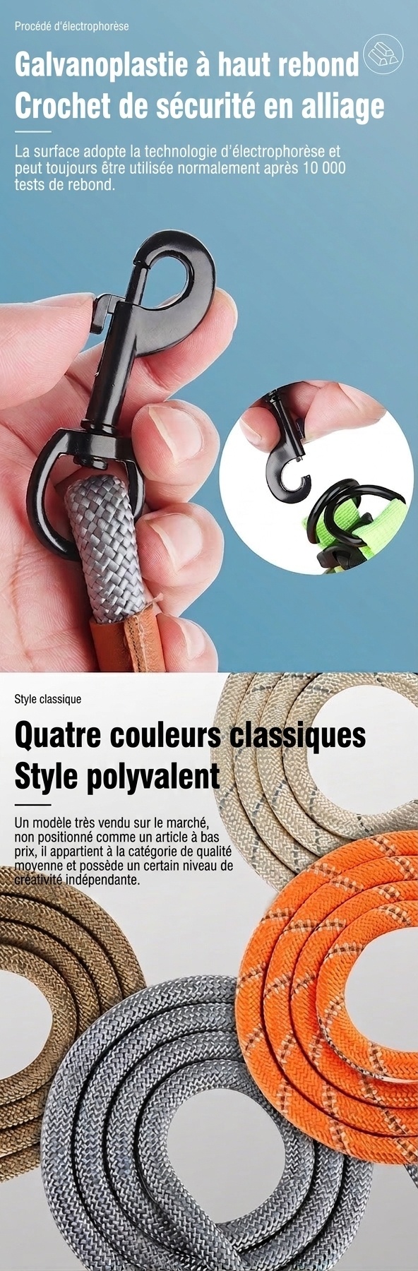Laisse pour chien résistante et réfléchissante avec poignée en cuir confortable