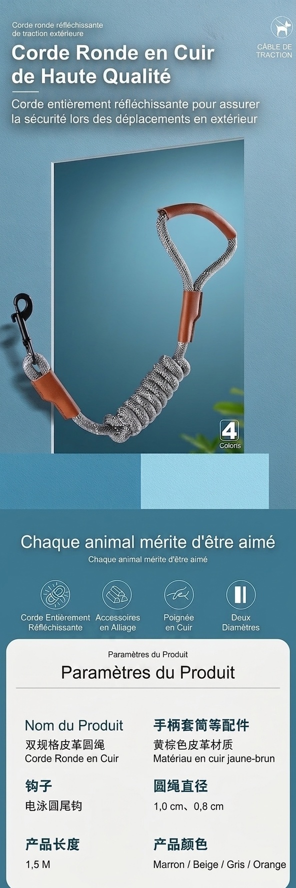 Laisse pour chien résistante et réfléchissante avec poignée en cuir confortable