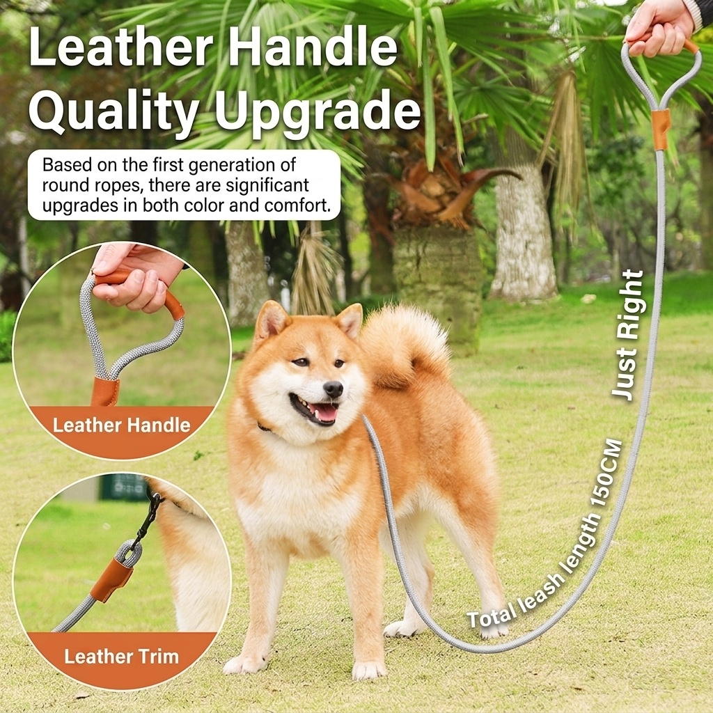 Durable Reflective Dog Leash with Comfortable Leather Handle