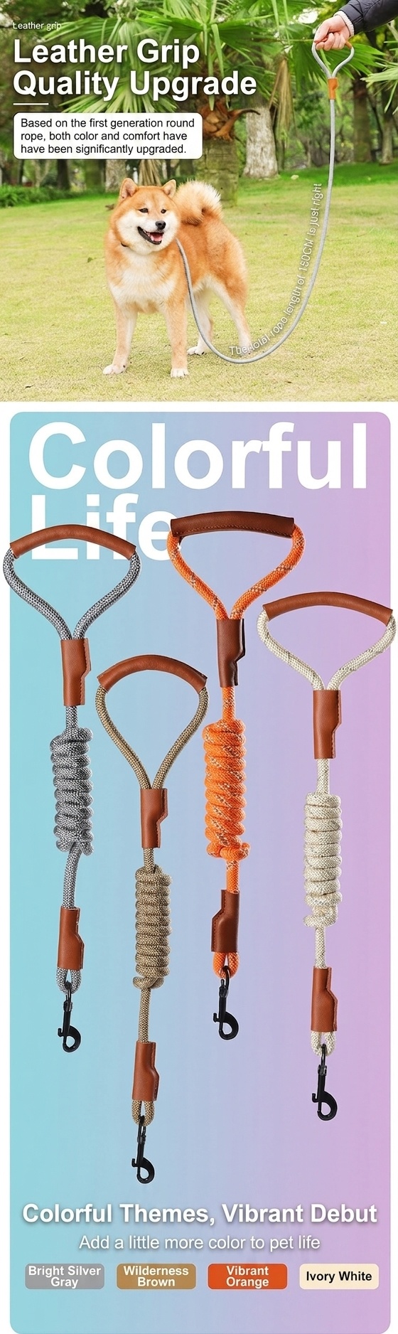 Durable Reflective Dog Leash with Comfortable Leather Handle