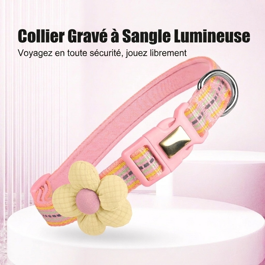 Collier réfléchissant à motif floral pour animaux de compagnie avec étiquette d'identification gravable