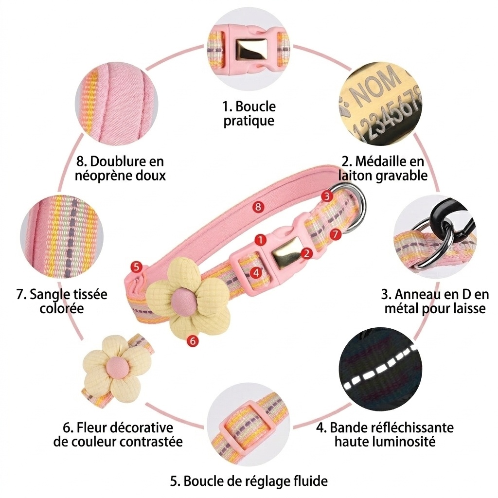 Collier réfléchissant à motif floral pour animaux de compagnie avec étiquette d'identification gravable