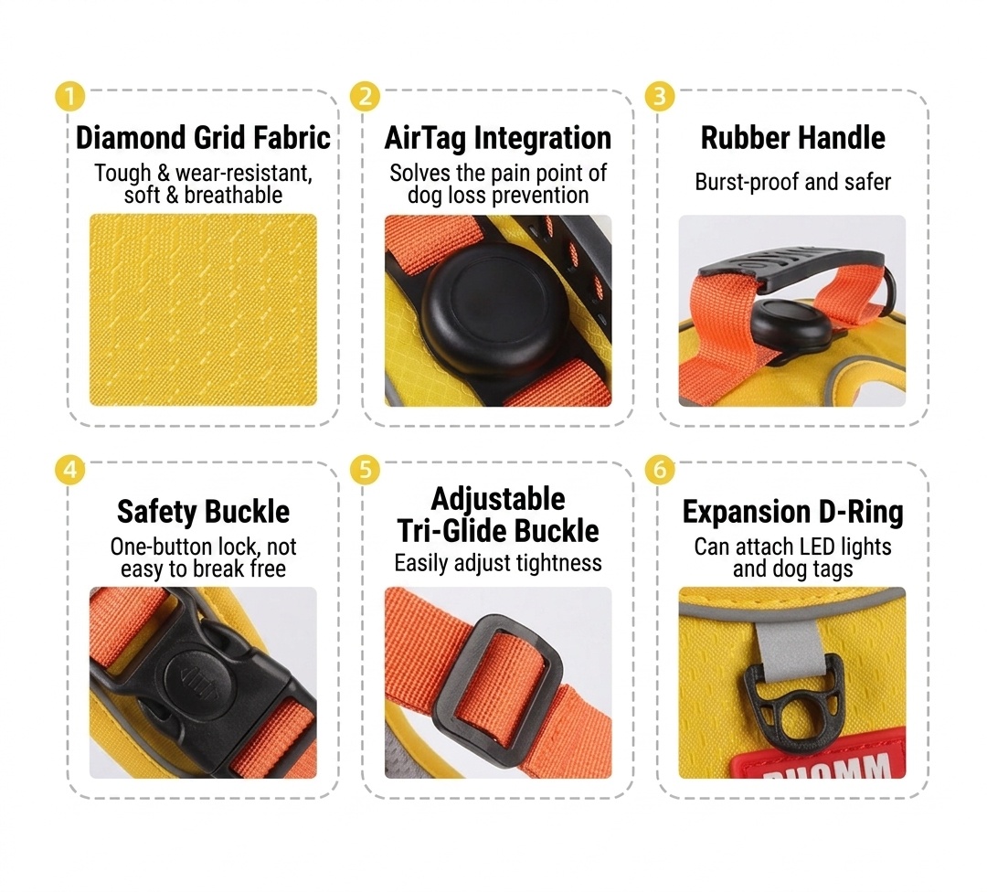 No-Pull Reflective Dog Harness with AirTag Pocket & Handle