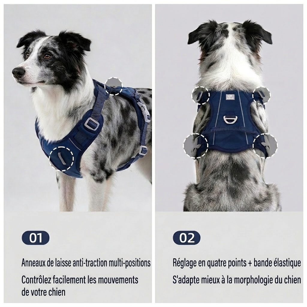 Harnais réfléchissant anti-traction pour chien - Réglable et confortable