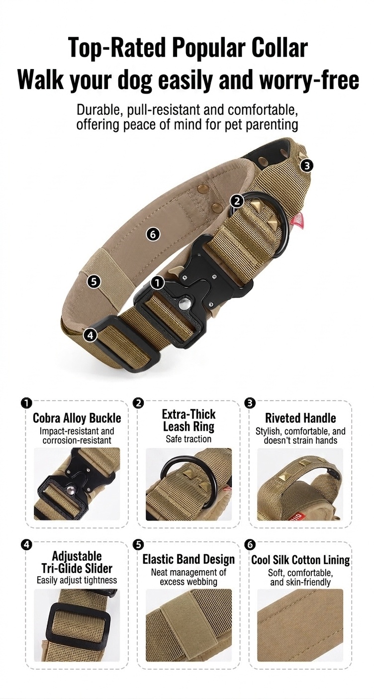 Tactical Dog Collar with Cobra Buckle & Studs - Heavy Duty