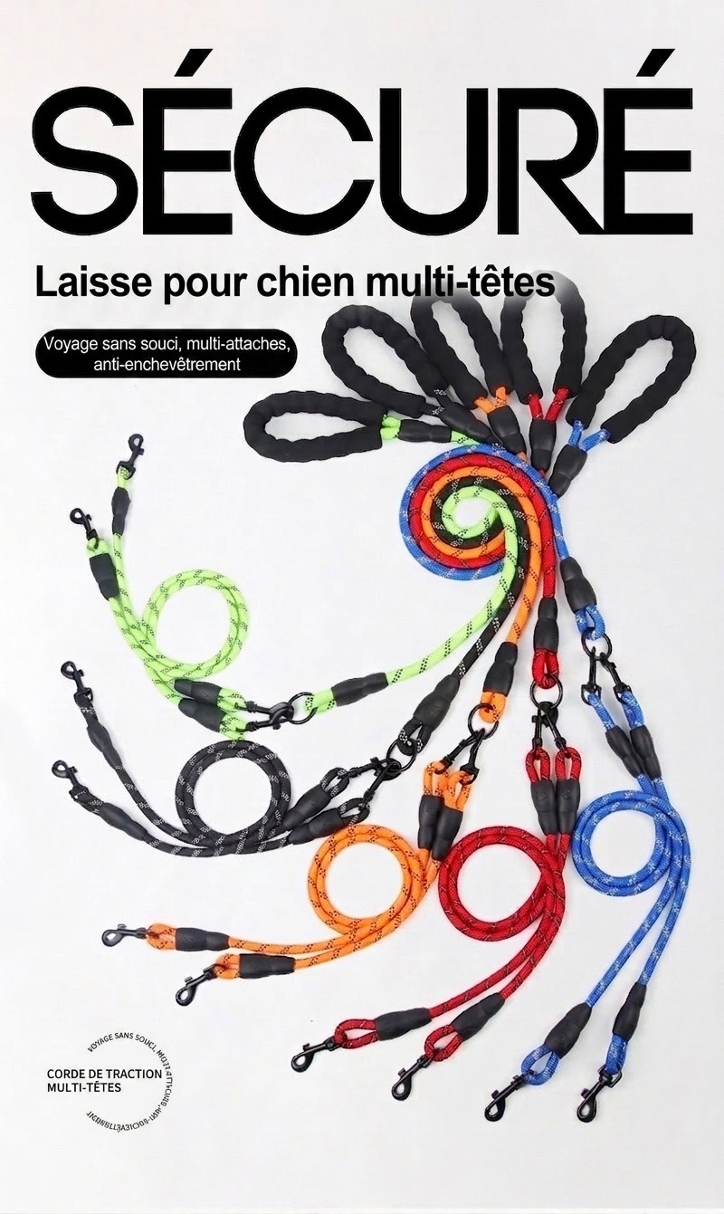 Durable Multi-Dog Leash with Padded Handle & Reflective Rope