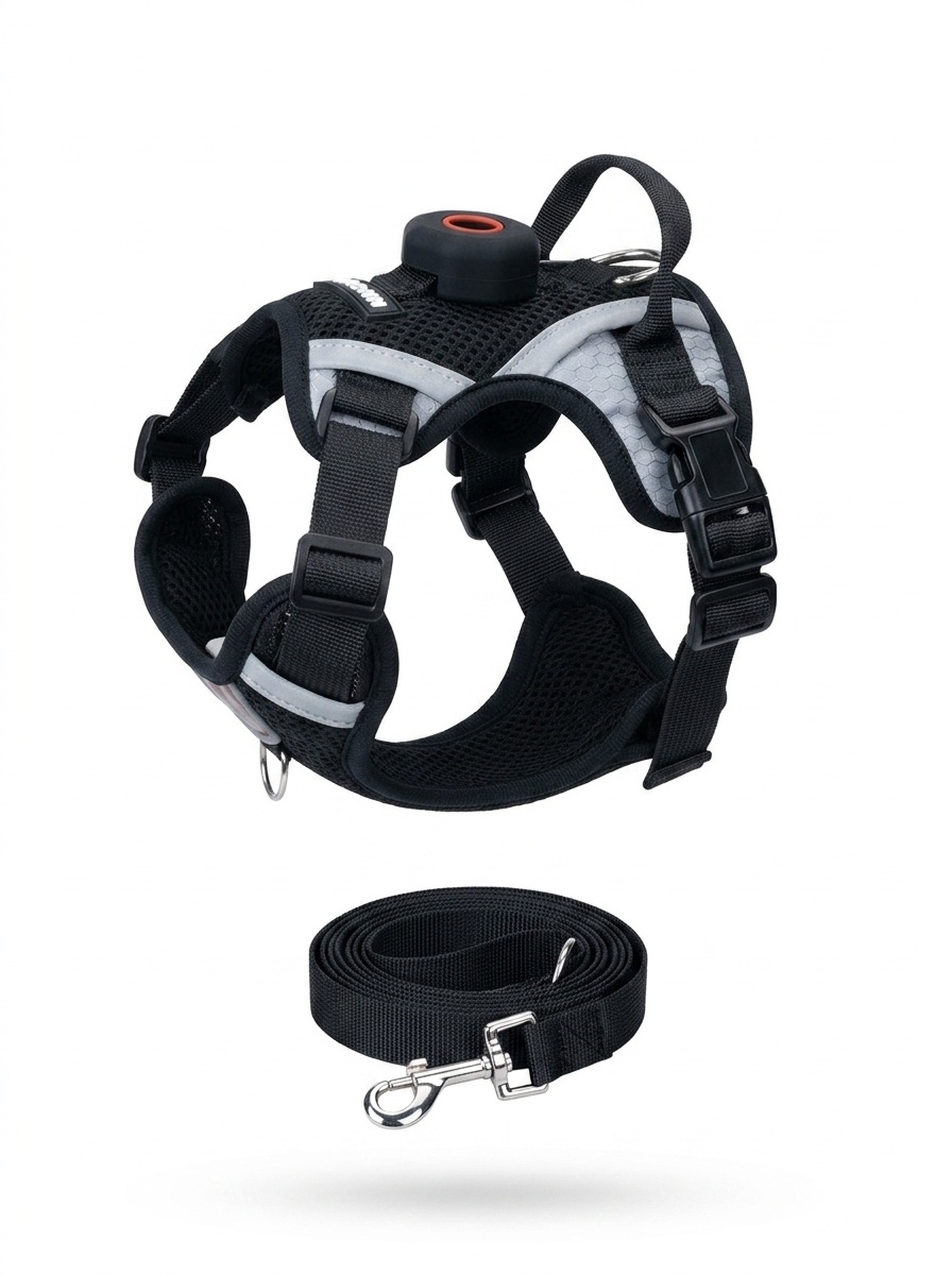 Breathable Mesh Dog Harness with AirTag Holder & Leash Set