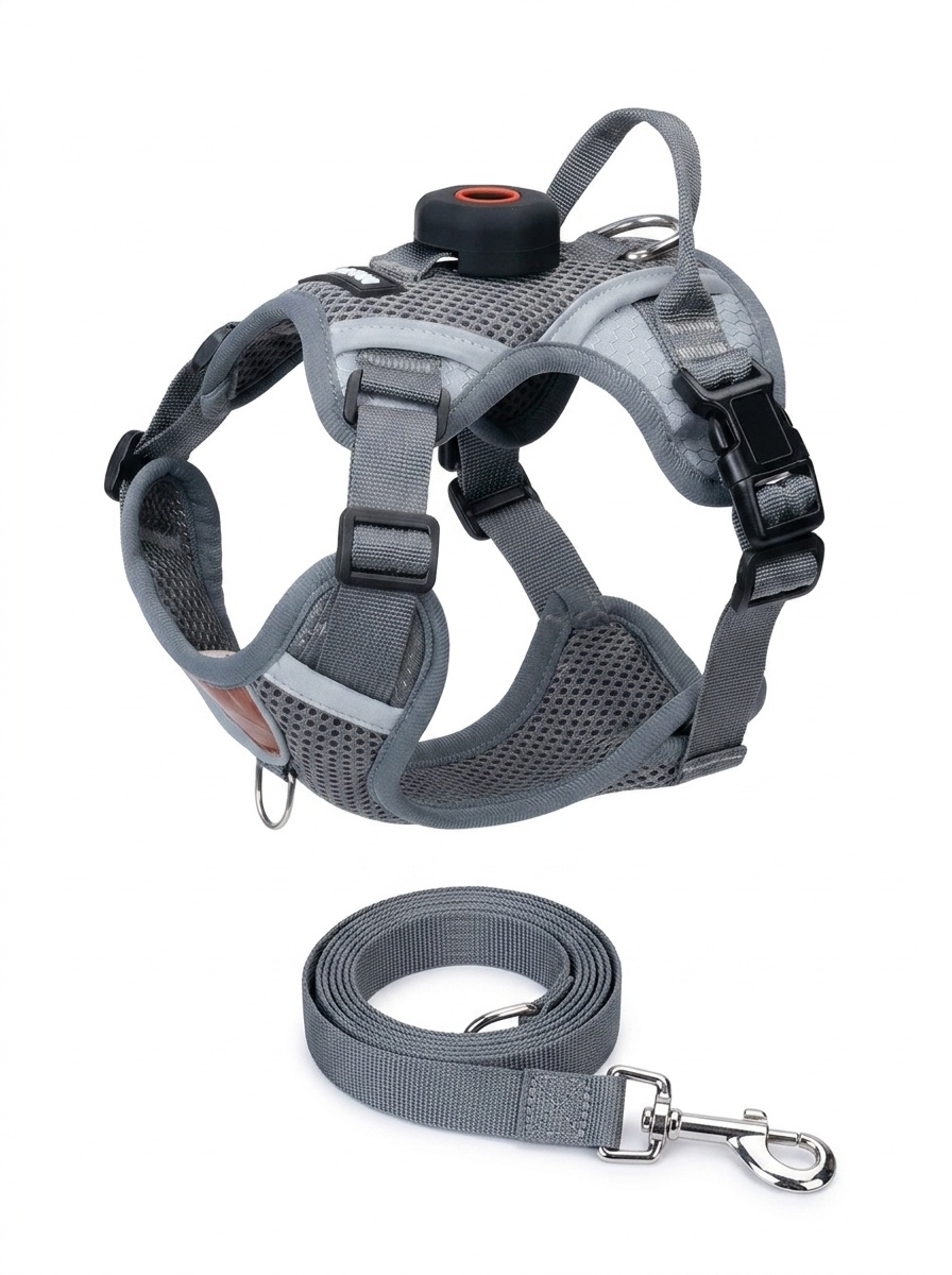 Breathable Mesh Dog Harness with AirTag Holder & Leash Set