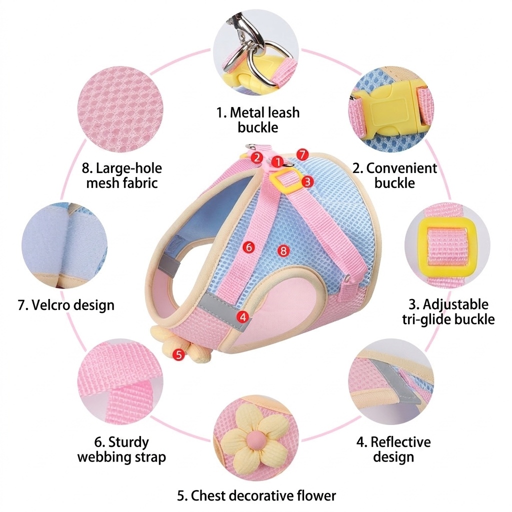 Cute Flower Pet Harness & Leash Set - Breathable Mesh for Cats
