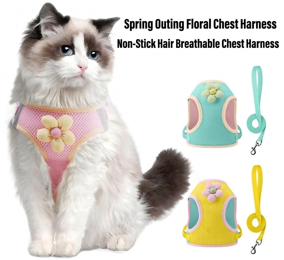 Cute Flower Pet Harness & Leash Set - Breathable Mesh for Cats