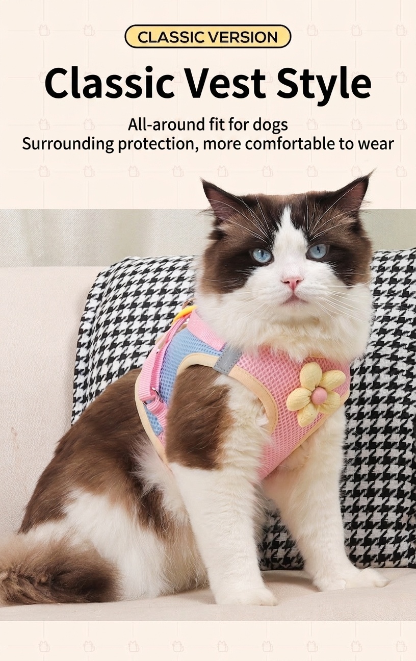 Cute Flower Pet Harness & Leash Set - Breathable Mesh for Cats