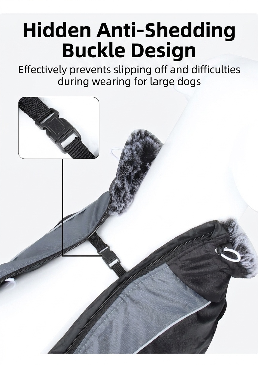 Cappotto invernale impermeabile e riflettente per cani con pettorina integrata.