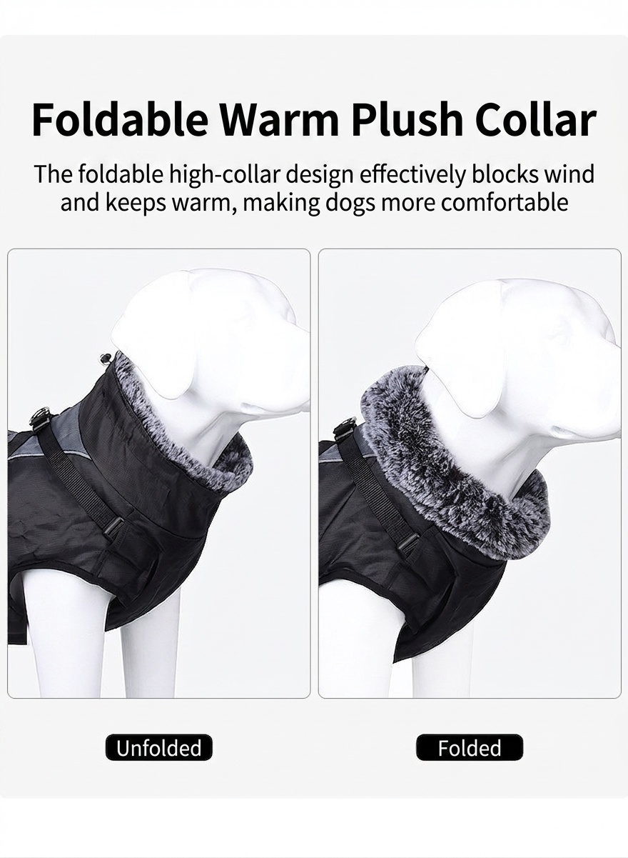 Cappotto invernale impermeabile e riflettente per cani con pettorina integrata.
