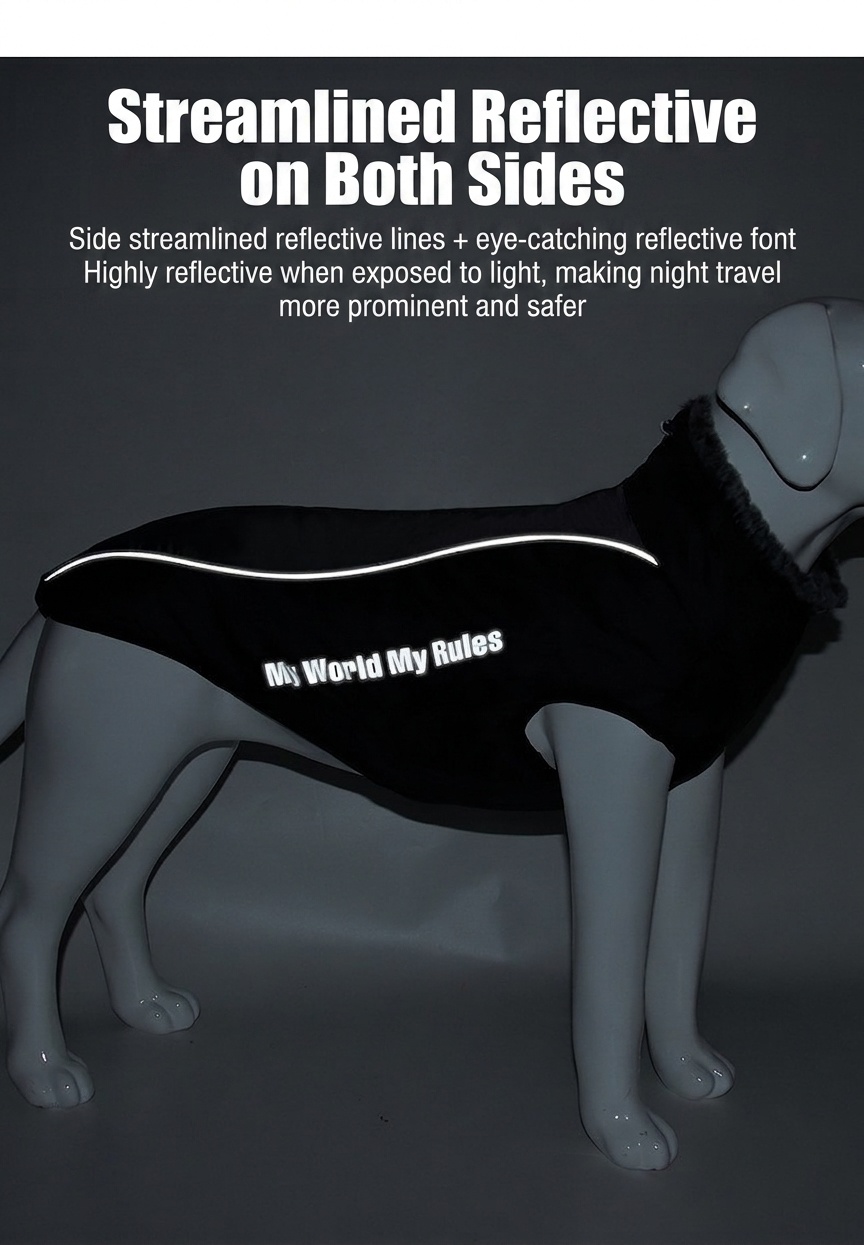 Cappotto invernale impermeabile e riflettente per cani con pettorina integrata.