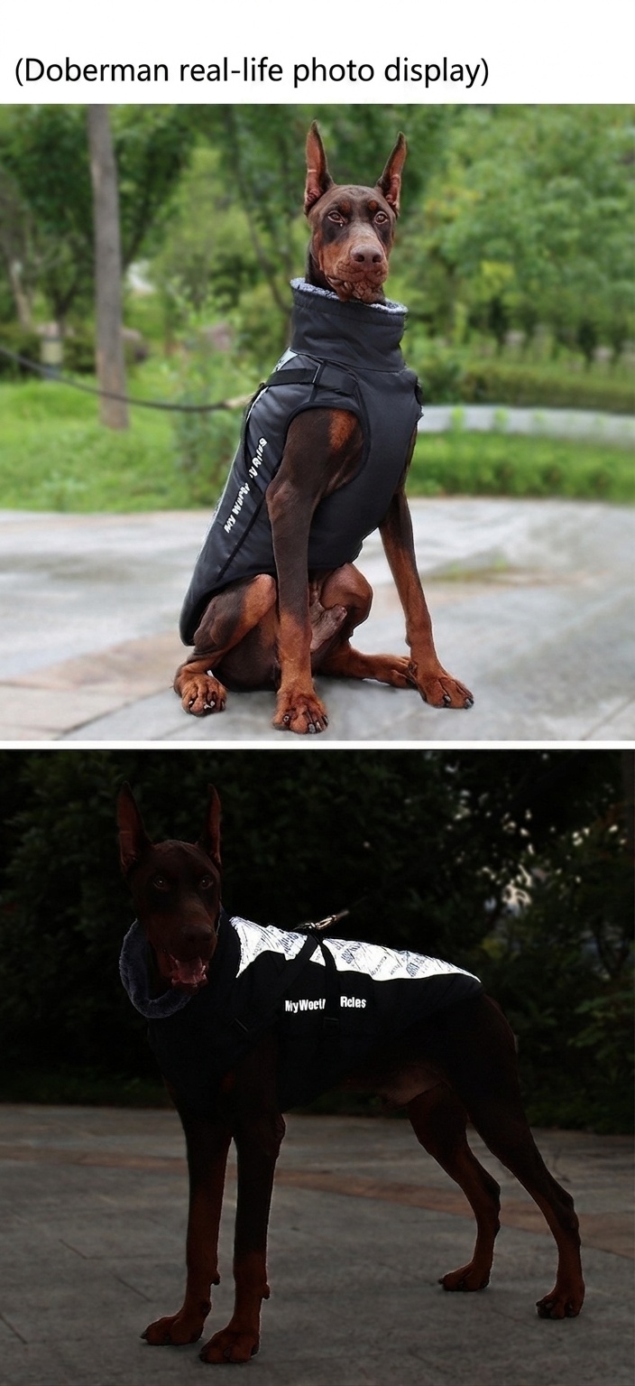 Cappotto invernale impermeabile e riflettente per cani con pettorina integrata.