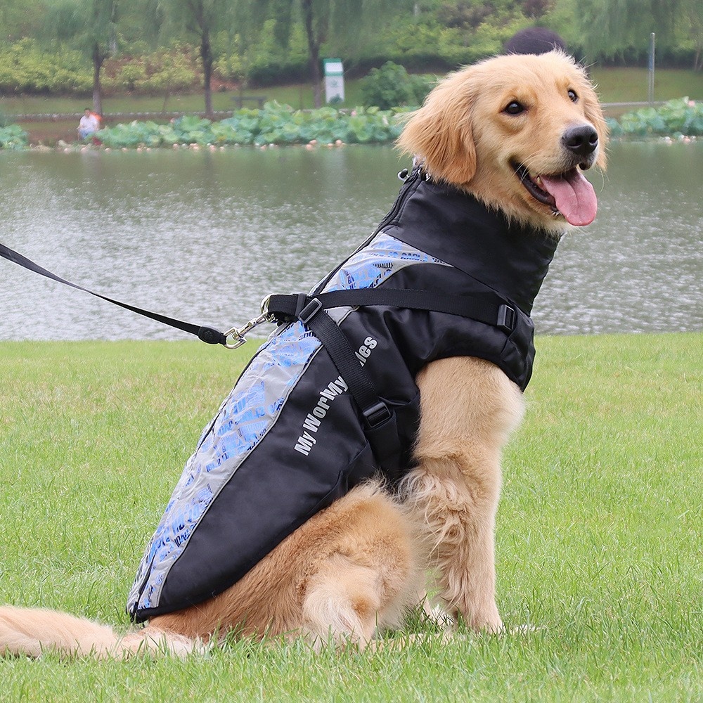 Cappotto invernale impermeabile e riflettente per cani con pettorina integrata.