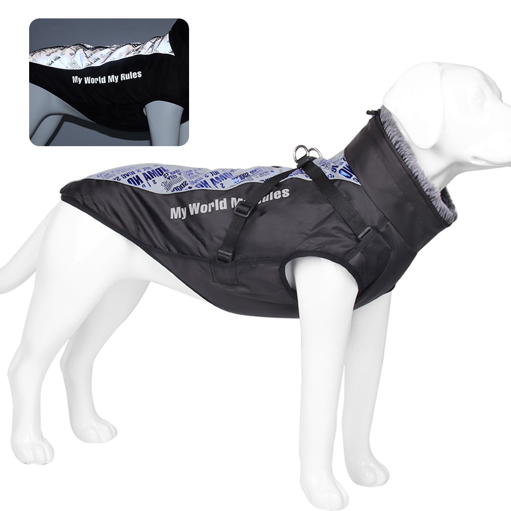 Cappotto invernale impermeabile e riflettente per cani con pettorina integrata.