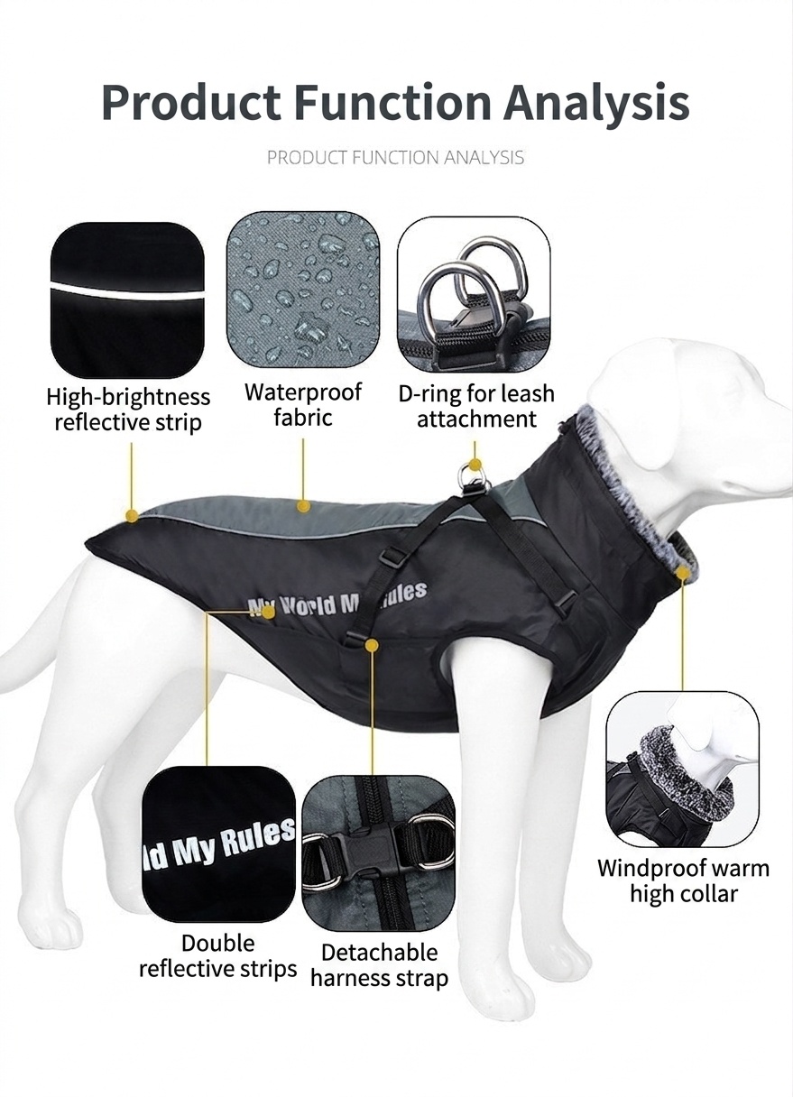 Cappotto invernale impermeabile e riflettente per cani con pettorina integrata.