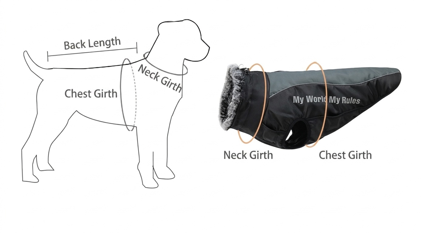 Cappotto invernale impermeabile e riflettente per cani con pettorina integrata.