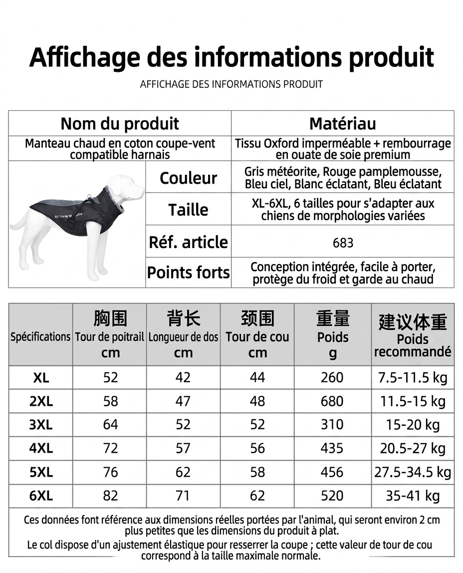Manteau d'hiver imperméable et réfléchissant pour chien avec harnais intégré