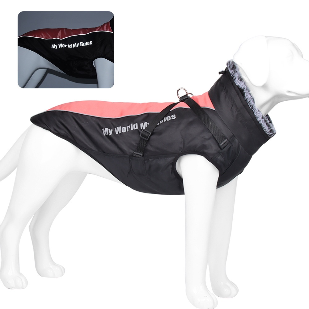 Cappotto invernale impermeabile e riflettente per cani con pettorina integrata.