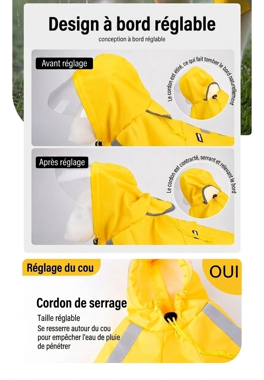 Imperméable réfléchissant pour chien avec capuche et ouverture pour laisse