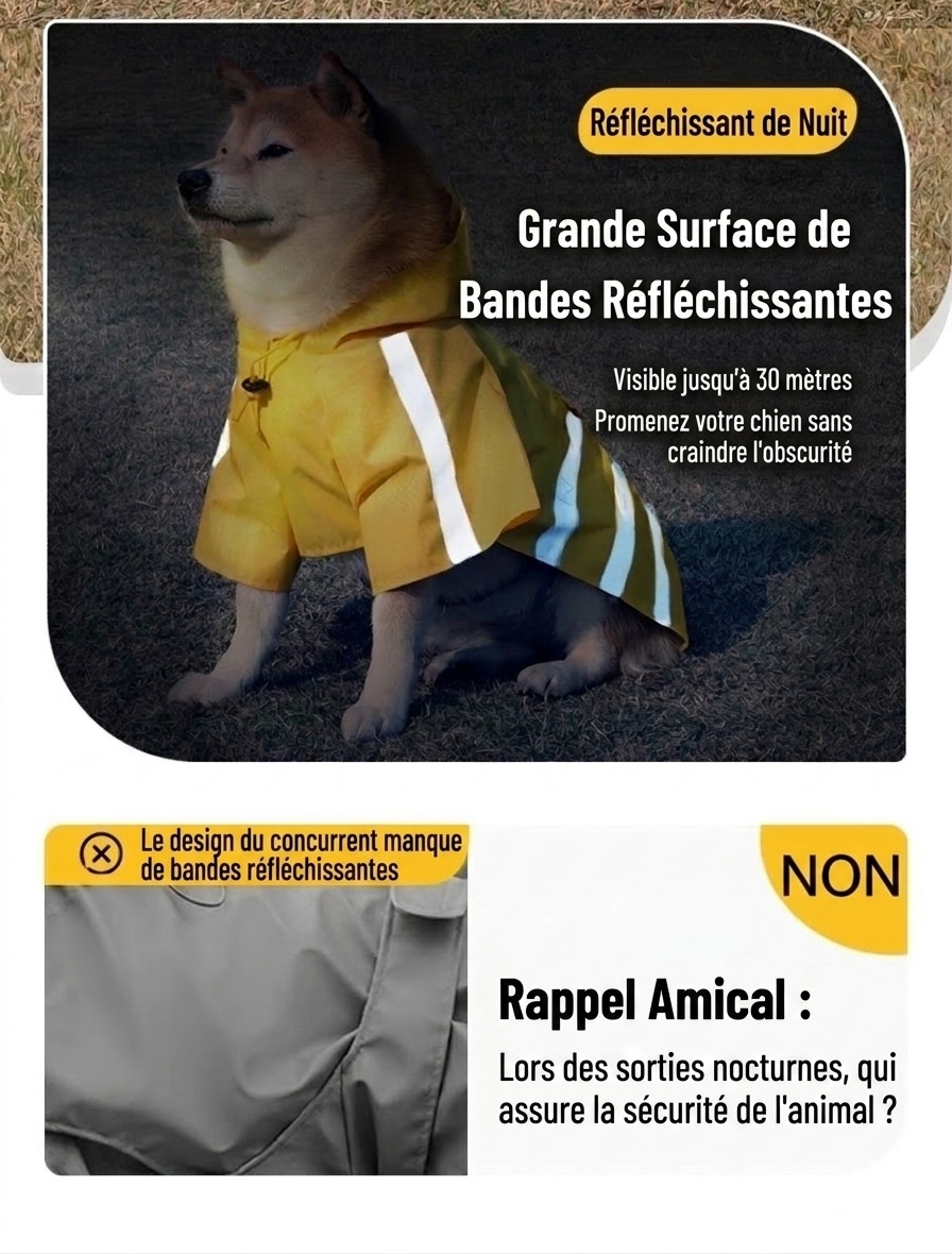 Imperméable réfléchissant pour chien avec capuche et ouverture pour laisse