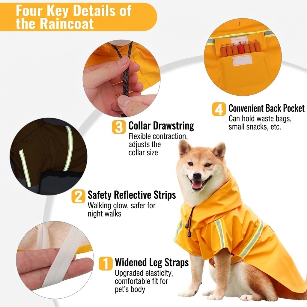 Reflective Waterproof Dog Raincoat with Hood & Leash Hole