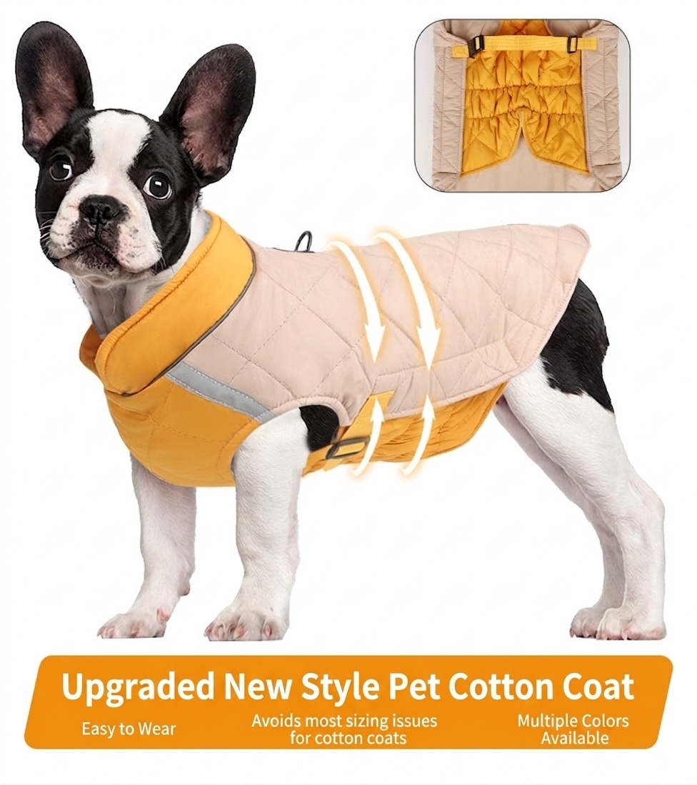 Cappotto caldo trapuntato per cani con profili riflettenti e vestibilità regolabile.