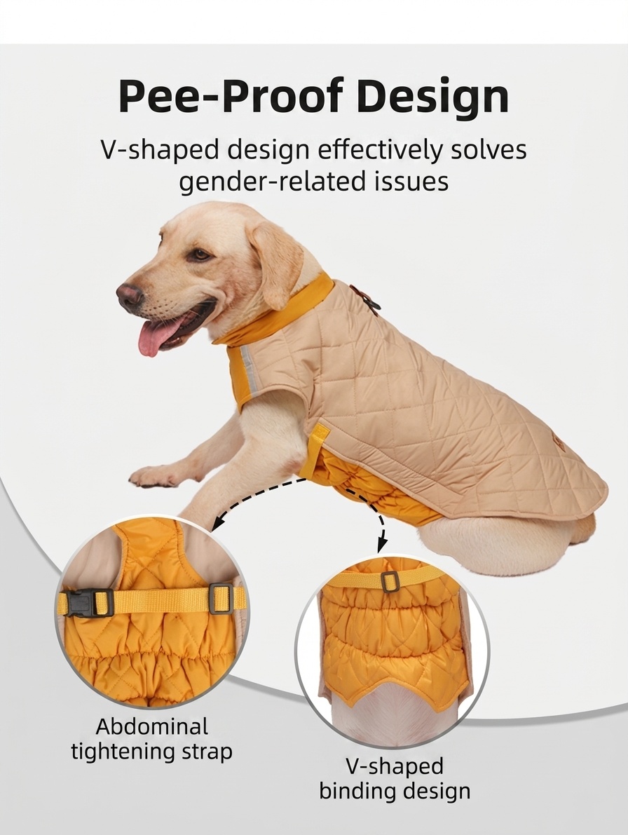 Cappotto caldo trapuntato per cani con profili riflettenti e vestibilità regolabile.